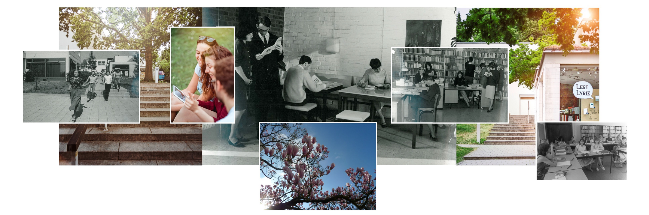 Collage aus alten und neuen Fotografien von Fachwirt:innen am Mediacampus über die Jahre. Die alten Bilder sind schwarz, weiß. Die neuen Bilder sind bunt.