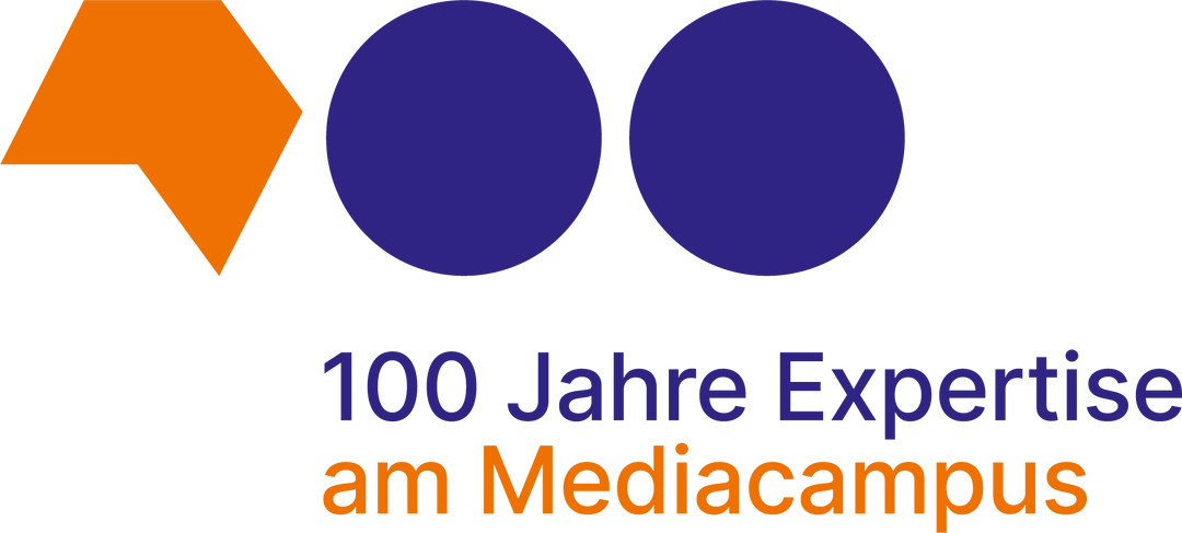 Aktions-Logo zum Jubiläum des Mediacampus Frankfurt. Betitelt mit "100 Jahre Expertise am Mediacampus"